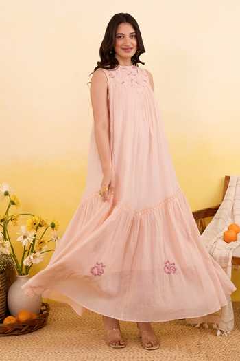 Taro_Peach Cotton Round Neck Apricot Bloom Dress _at_Aza_Fashions