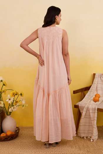 Shop_Taro_Peach Cotton Round Neck Apricot Bloom Dress _at_Aza_Fashions