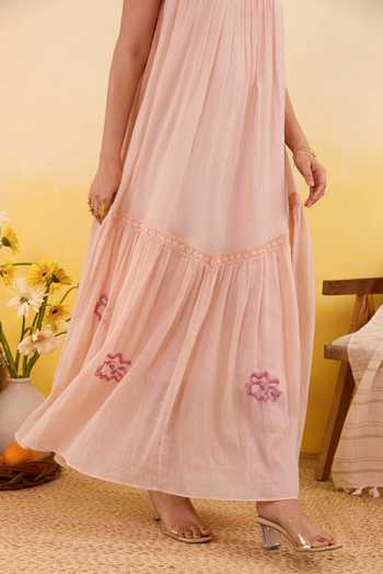 Buy_Taro_Peach Cotton Round Neck Apricot Bloom Dress 