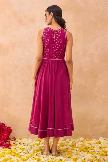 Shop_Taro_Magenta Cotton Round Neck Meadow Dress _at_Aza_Fashions