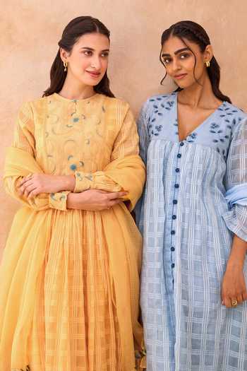 Taro_Yellow Cotton, Kota Doria Round Neck Marigold Muse Textured Anarkali Set _Online_at_Aza_Fashions