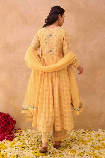 Shop_Taro_Yellow Cotton, Kota Doria Round Neck Marigold Muse Textured Anarkali Set _at_Aza_Fashions