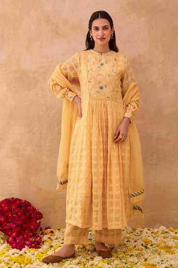 Buy_Taro_Yellow Cotton, Kota Doria Round Neck Marigold Muse Textured Anarkali Set _at_Aza_Fashions