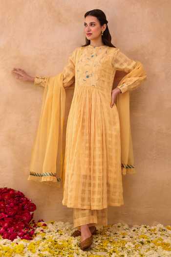 Taro_Yellow Cotton, Kota Doria Round Neck Marigold Muse Textured Anarkali Set _Online