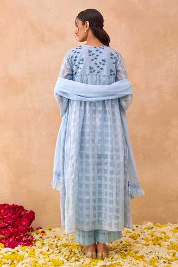 Shop_Taro_Blue Cotton V-neck Skyloom Floral Embroidered Dress _at_Aza_Fashions