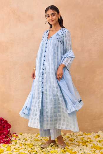 Taro_Blue Cotton V-neck Skyloom Floral Embroidered Dress _at_Aza_Fashions