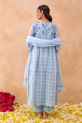 Shop_Taro_Blue Cotton, Kota Doria V-neck Morning Mist Embroidered Kurta Set _at_Aza_Fashions