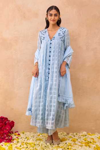 Buy_Taro_Blue Cotton, Kota Doria V-neck Morning Mist Embroidered Kurta Set _at_Aza_Fashions