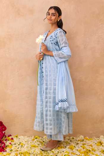 Taro_Blue Cotton, Kota Doria V-neck Morning Mist Embroidered Kurta Set _Online