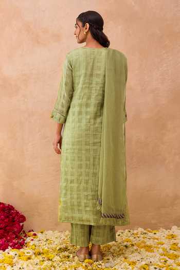 Shop_Taro_Green Cotton, Kota Doria V-neck, Yes Sage Embroidered Kurta Set _at_Aza_Fashions