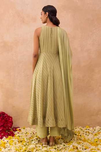 Shop_Taro_Green Silk, Cotton, Georgette, Chiffon Olive Mist Stripe Pattern Anarkali Set _at_Aza_Fashions