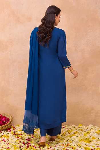 Shop_Taro_Blue Silk, Cotton, Crepe, Chiffon Twilight Bloom Embroidered Angarkha Set _at_Aza_Fashions