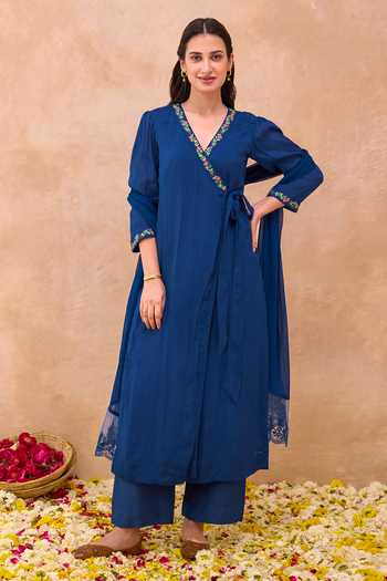 Buy_Taro_Blue Silk, Cotton, Crepe, Chiffon Twilight Bloom Embroidered Angarkha Set _at_Aza_Fashions