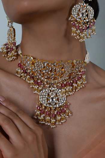 Shlok Jewels_White Jadau Embellished Necklace And Earrings Set _Online_at_Aza_Fashions