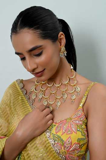 Buy_Shlok Jewels_White Crescent Moon Embellished Necklace And Earrings Set _at_Aza_Fashions