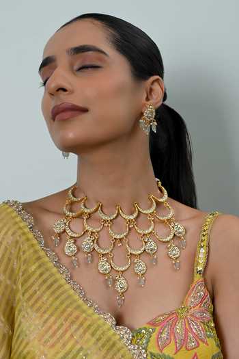 Shop_Shlok Jewels_White Crescent Moon Embellished Necklace And Earrings Set _at_Aza_Fashions
