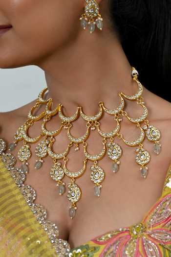 Buy_Shlok Jewels_White Crescent Moon Embellished Necklace And Earrings Set _Online_at_Aza_Fashions