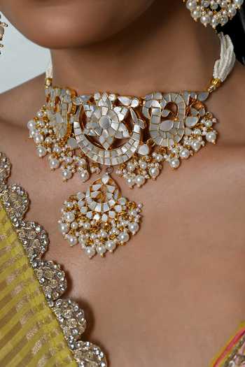 Buy_Shlok Jewels_White Stone Embellished Choker And Earrings Set _Online_at_Aza_Fashions