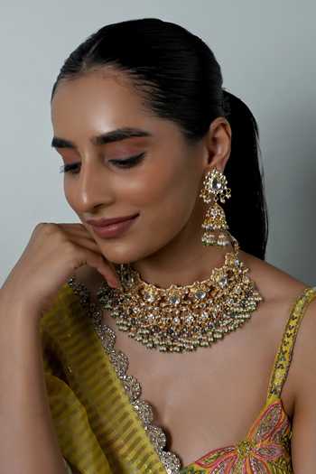 Buy_Shlok Jewels_White Floral Embellished Necklace And Earrings Set _at_Aza_Fashions