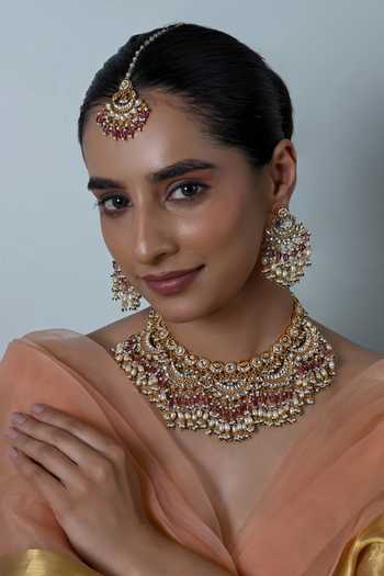 Buy_Shlok Jewels_White Kundan And Beads Embellished Necklace Set _at_Aza_Fashions