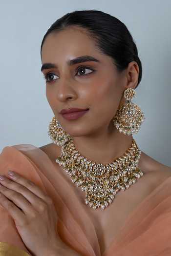 Buy_Shlok Jewels_White Semi Precious Stone Embellished Necklace And Earrings Set _at_Aza_Fashions