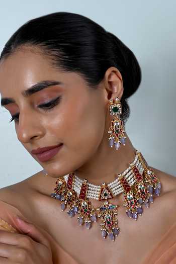 Buy_Shlok Jewels_Multi Color Kundan Embellished Choker Set _at_Aza_Fashions
