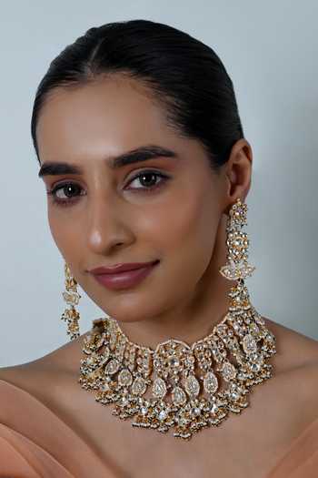 Buy_Shlok Jewels_White Kundan Embellished Necklace And Earrings Set _at_Aza_Fashions