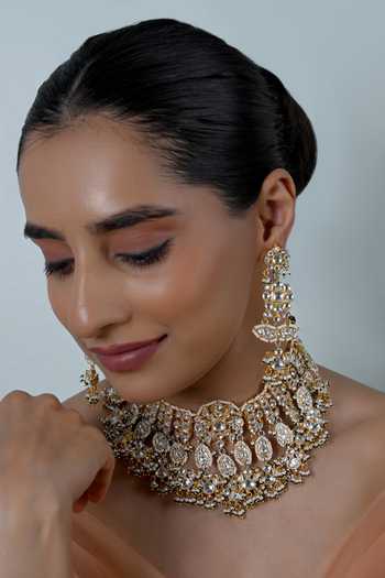 Shop_Shlok Jewels_White Kundan Embellished Necklace And Earrings Set _at_Aza_Fashions