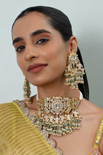 Buy_Shlok Jewels_White Cutwork Embellised Necklace And Earrings Set _at_Aza_Fashions