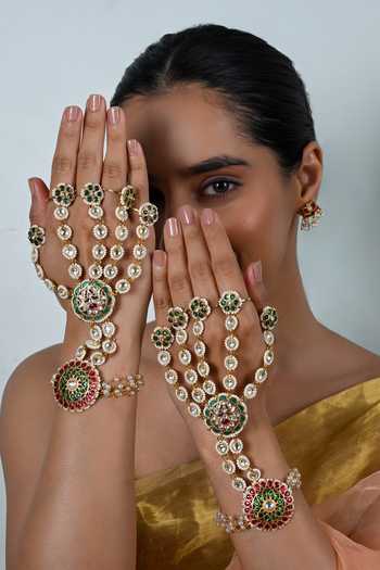 Buy_Shlok Jewels_Multi Color Jadau Kundan Hathphool - Set Of 2 _at_Aza_Fashions