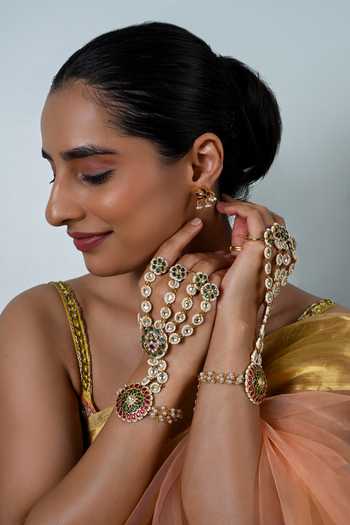 Shop_Shlok Jewels_Multi Color Jadau Kundan Hathphool - Set Of 2 _at_Aza_Fashions