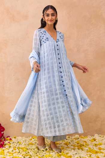 Buy_Taro_Blue Cotton V-neck Skyloom Floral Embroidered Dress _at_Aza_Fashions