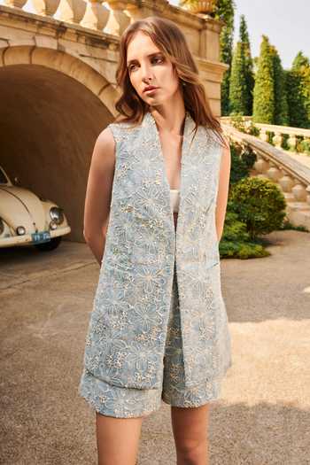 Buy_House Of Eda_Blue Cotton Arabella Embellished Denim Blazer And Shorts Set _Online_at_Aza_Fashions