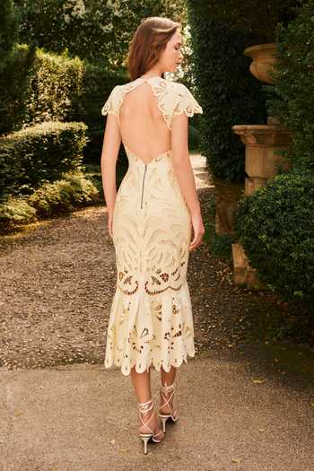 Shop_House Of Eda_Yellow Linen Round Neck Guinevere Embroidered Midi Dress _at_Aza_Fashions
