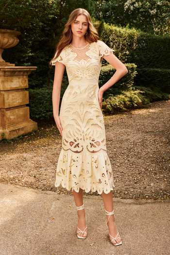 Buy_House Of Eda_Yellow Linen Round Neck Guinevere Embroidered Midi Dress _at_Aza_Fashions