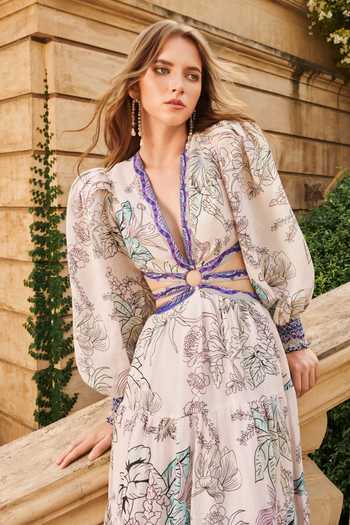 House Of Eda_Cream Linen Plunge Neck Amyra Maxi Dress _Online_at_Aza_Fashions