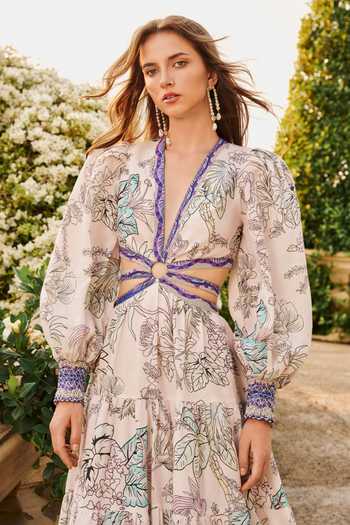 Buy_House Of Eda_Cream Linen Plunge Neck Amyra Maxi Dress _Online_at_Aza_Fashions