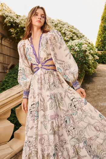 Shop_House Of Eda_Cream Linen Plunge Neck Amyra Maxi Dress _Online_at_Aza_Fashions
