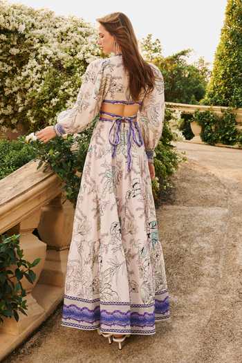 Shop_House Of Eda_Cream Linen Plunge Neck Amyra Maxi Dress _at_Aza_Fashions