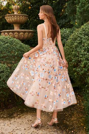 Shop_House Of Eda_Peach Cotton, Nylon Sweetheart Neck, Aviette Embroidered Midi Dress With Cape _at_Aza_Fashions