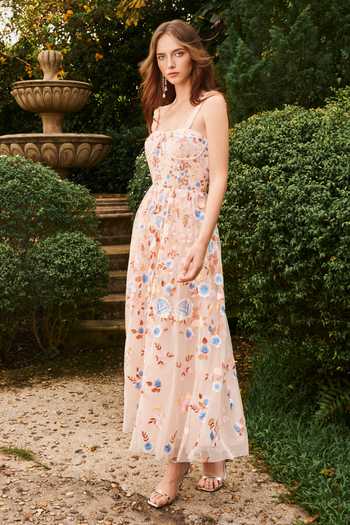 Buy_House Of Eda_Peach Cotton, Nylon Sweetheart Neck, Aviette Embroidered Midi Dress With Cape _Online_at_Aza_Fashions