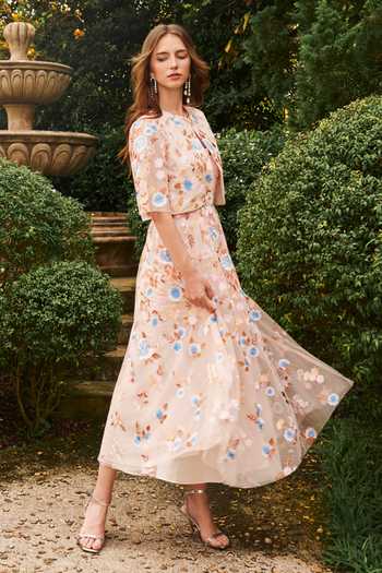 Shop_House Of Eda_Peach Cotton, Nylon Sweetheart Neck, Aviette Embroidered Midi Dress With Cape _Online_at_Aza_Fashions
