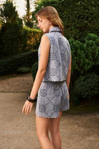 Shop_House Of Eda_Blue Linen Collared Venetia Embroidered Shirt And Shorts Set _at_Aza_Fashions