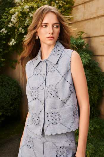 House Of Eda_Blue Linen Collared Venetia Embroidered Shirt And Shorts Set _Online_at_Aza_Fashions