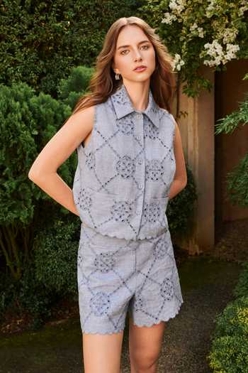 Shop_House Of Eda_Blue Linen Collared Venetia Embroidered Shirt And Shorts Set _Online_at_Aza_Fashions