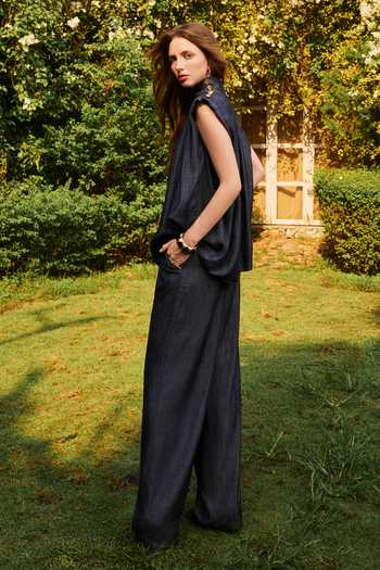 Shop_House Of Eda_Blue Silk, Cotton High Neck Kiro Denim Top And Pant Set _at_Aza_Fashions