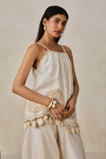 Nitika Gujral_Ivory Chanderi Halter Neck Applique Embroidered Top And Salwar Set _Online_at_Aza_Fashions