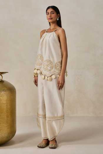 Shop_Nitika Gujral_Ivory Chanderi Halter Neck Applique Embroidered Top And Salwar Set _Online_at_Aza_Fashions