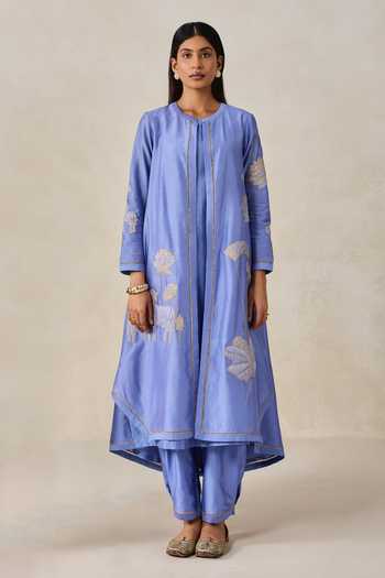 Shop_Nitika Gujral_Blue Chanderi Round Neck Applique Kurta Set _at_Aza_Fashions