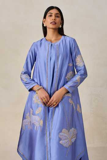 Buy_Nitika Gujral_Blue Chanderi Round Neck Applique Kurta Set _Online_at_Aza_Fashions